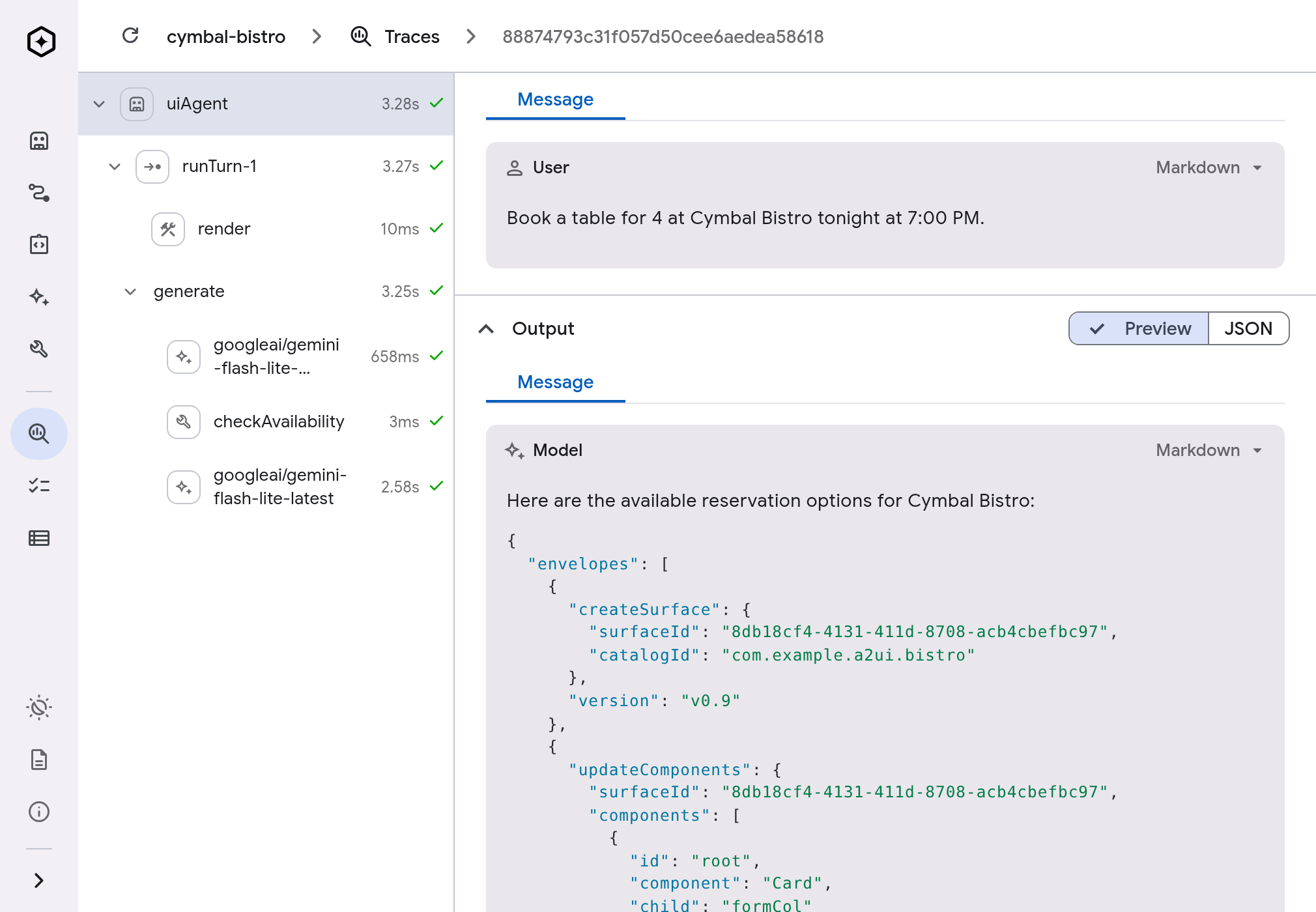 Inspecting an agent's model and tool calls in the Genkit Developer UI